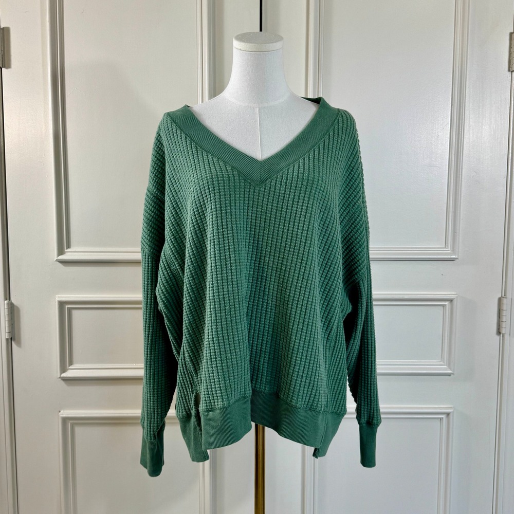 American Eagle Waffle Knit Sweater Women's S Hunter Green Oversized V-Neck New